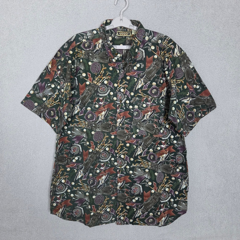 J Riggings Hunting Horn Button Down Shirt Mens XL Green Golf Novelty Print VTG